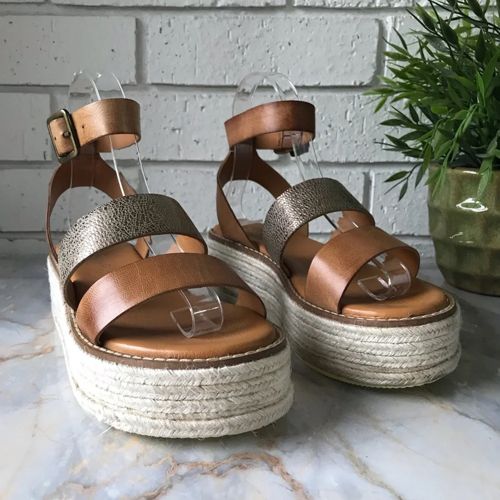 Leather Espadrille Wedge Sandal Gold Lug Brown Diba True Day Line New